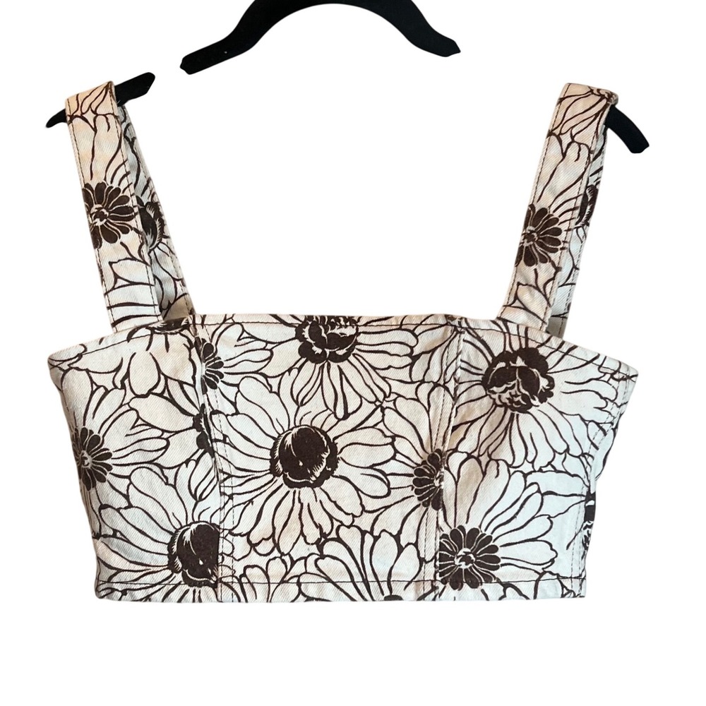 Reformation Jeans Sunny Denim Crop Top Brown White Floral‎ Daisy Print Size 2